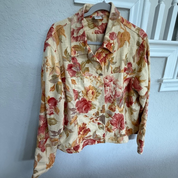 Yellow Orange Pink Red Rose Linen Trucker Jacket - Coldwater Creek - XL - Picture 11 of 16